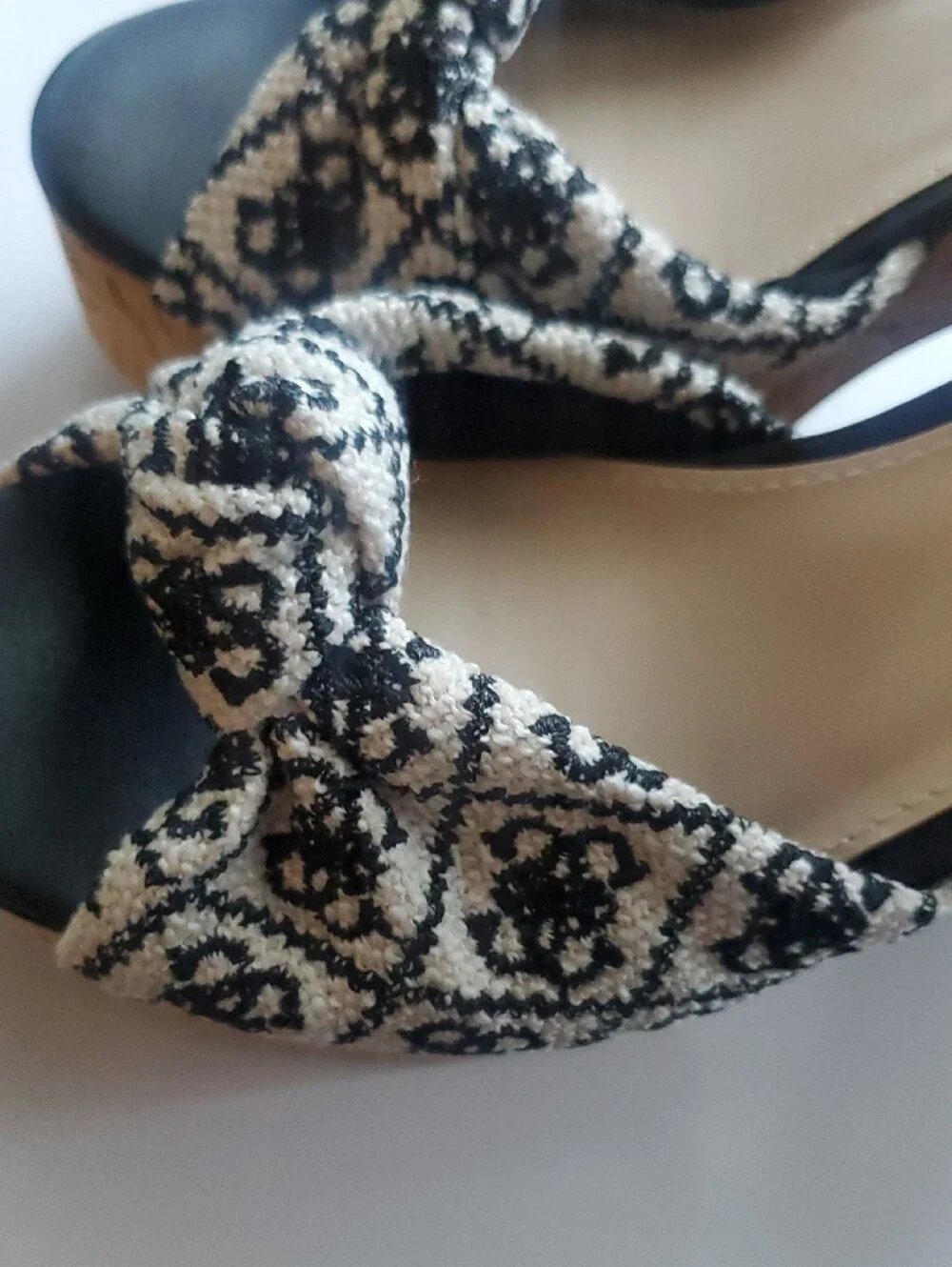 GUESS Black and Ivory Patterned Cork Platform Wedge Sandals